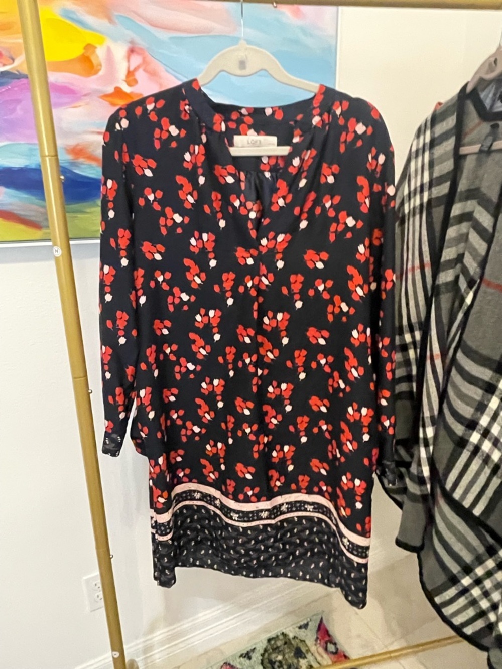 LOFT Black Dress‎ with Red Floral Print Medium